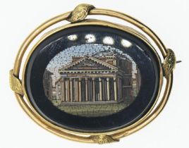 Italian micro-mosaic brooch depicting the Pantheon and Fontana del Pantheon, Rome. Set into a rubove