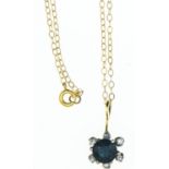 Sapphire and diamond cluster pendant on a 9ct gold chain. Chain length 440mm. Gross weight 1.81g 