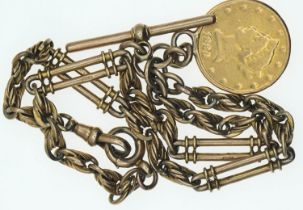 9ct gold fancy link Albert chain and T-bar with an 1880 US gold $10 pendant, gross weight 61.3 grams