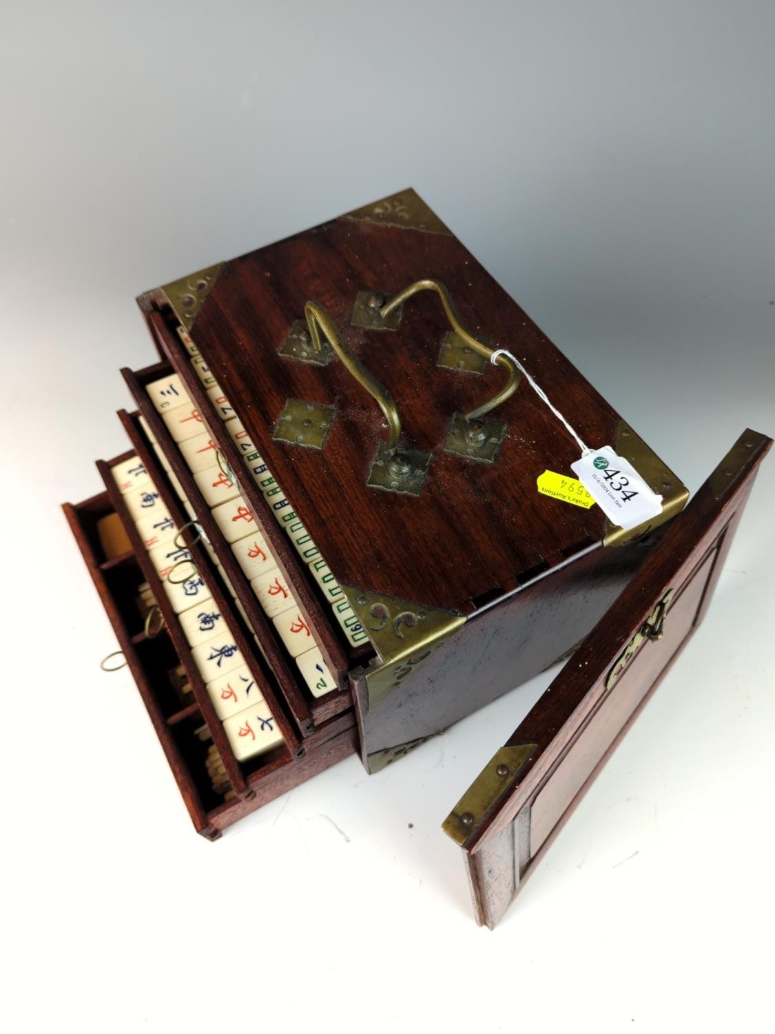 Mah Jong Set in 5 drawer case with brass furniture, with bone tiles backed onto bamboo Complete W23  - Image 2 of 9