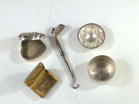 Two silver pill boxes, silver stamp box and a golf club silver handled button hook, various makers a