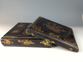 Black and Gilt lacquered oriental box with 6 internal fitted boxes W29 D26 H9cm