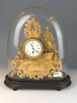 French glass domed gilt metal clock with enamel face. Pendulum & key present. Working order unknown.