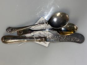 Four pieces of silver flatware, various makers and dates, including a butter knife, preserve spoon a