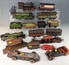 O gauge trains and clock work cars, including 4 Engines, 3 cars, rolling stock and track etc.