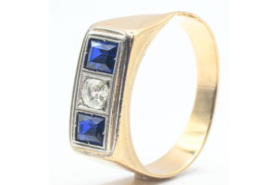 Yellow metal, diamond and sapphire ring, yellow metal testing positive for 18ct gold, with indistinc - Image 2 of 3