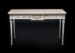 A CARVED WOOD AND GESSO BREAKFRONT CONSOLE TABLE, AFTER DESIGNS BY ROBERT ADAM