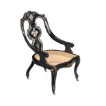 Y A VICTORIAN BLACK LACQUERED PAPIER MACHE AND MOTHER-OF-PEARL INLAID OCCASIONAL CHAIR