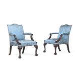 A PAIR OF MAHOGANY AND DAMASK STYLE UPHOLSTERED ARMCHAIRS