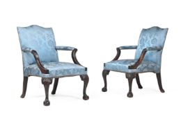 A PAIR OF MAHOGANY AND DAMASK STYLE UPHOLSTERED ARMCHAIRS