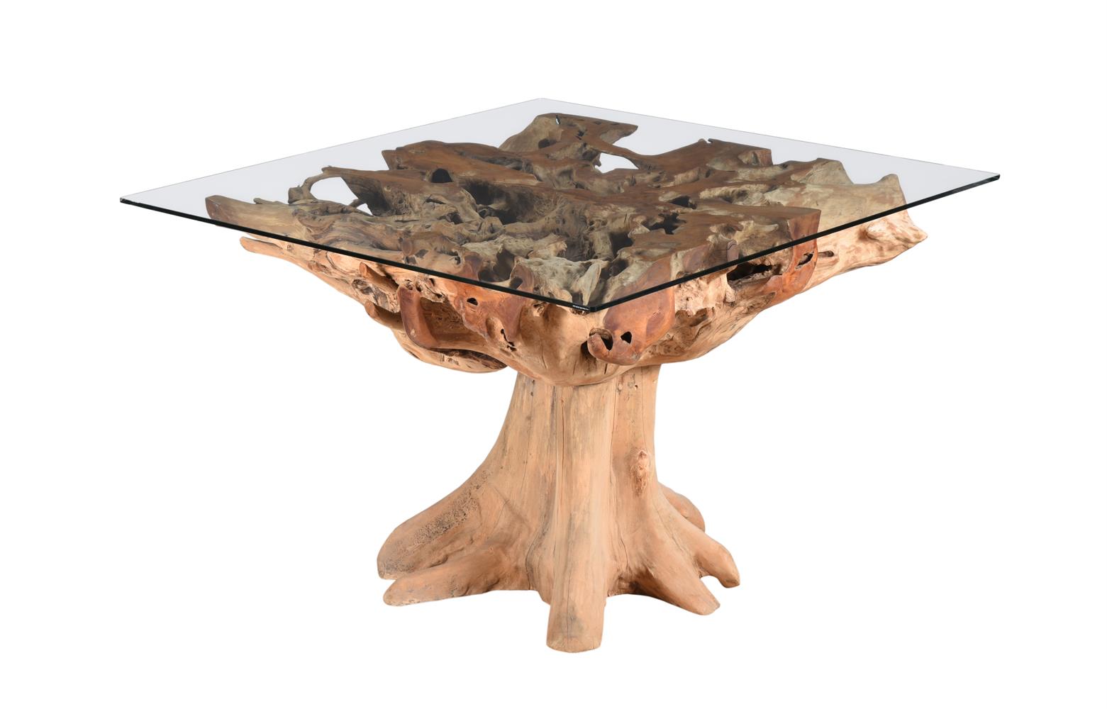 A DRIFTWOOD EFFECT AND GLASS TOPPED PEDESTAL TABLE AND FOUR RUSTIC CHAIRS EN-SUITE - Image 7 of 9