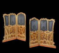 A GILTWOOD, ETCHED GLASS AND POLYCHROME PAINTED FOUR-FOLD SCREEN