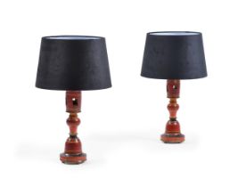 A PAIR OF RED, BLACK, AND PARCEL GILT PAINTED TURNED WOOD TABLE LAMPS