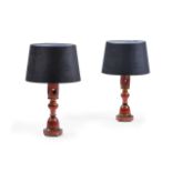 A PAIR OF RED, BLACK, AND PARCEL GILT PAINTED TURNED WOOD TABLE LAMPS