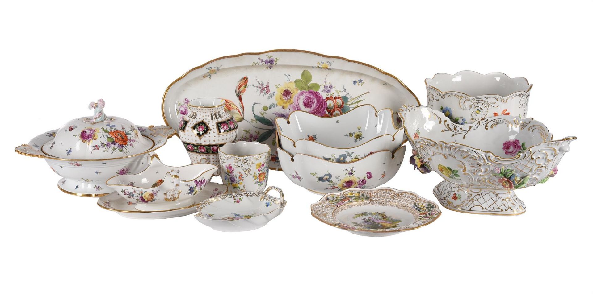 A SELECTION OF MEISSEN (OUTSIDE DECORATED) AND DRESDEN PORCELAIN