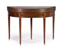 Y A DIRECTOIRE MAHOGANY, GILT METAL MOUNTED AND MARBLE INSET TRIPLE FOLDING CARD AND TEA TABLE