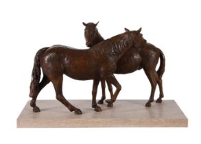 λ SUKEY ERLAND (BRITISH 1927-2014), A BRONZE GROUP OF TWO PONIES