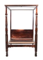 A VICTORIAN MAHOGANY AND BRASS INLAID FOUR POSTER BED