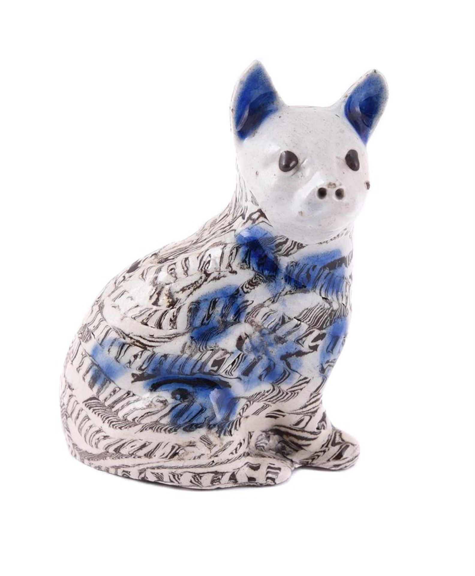 A STAFFORDSHIRE AGATE-WARE SALT-GLAZE MODEL OF A SEATED CAT