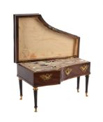 A MAHOGANY SEWING BOX AND HINGED COVER MODELLED AS A PIANOFORTE IN FRENCH EMPIRE STYLE