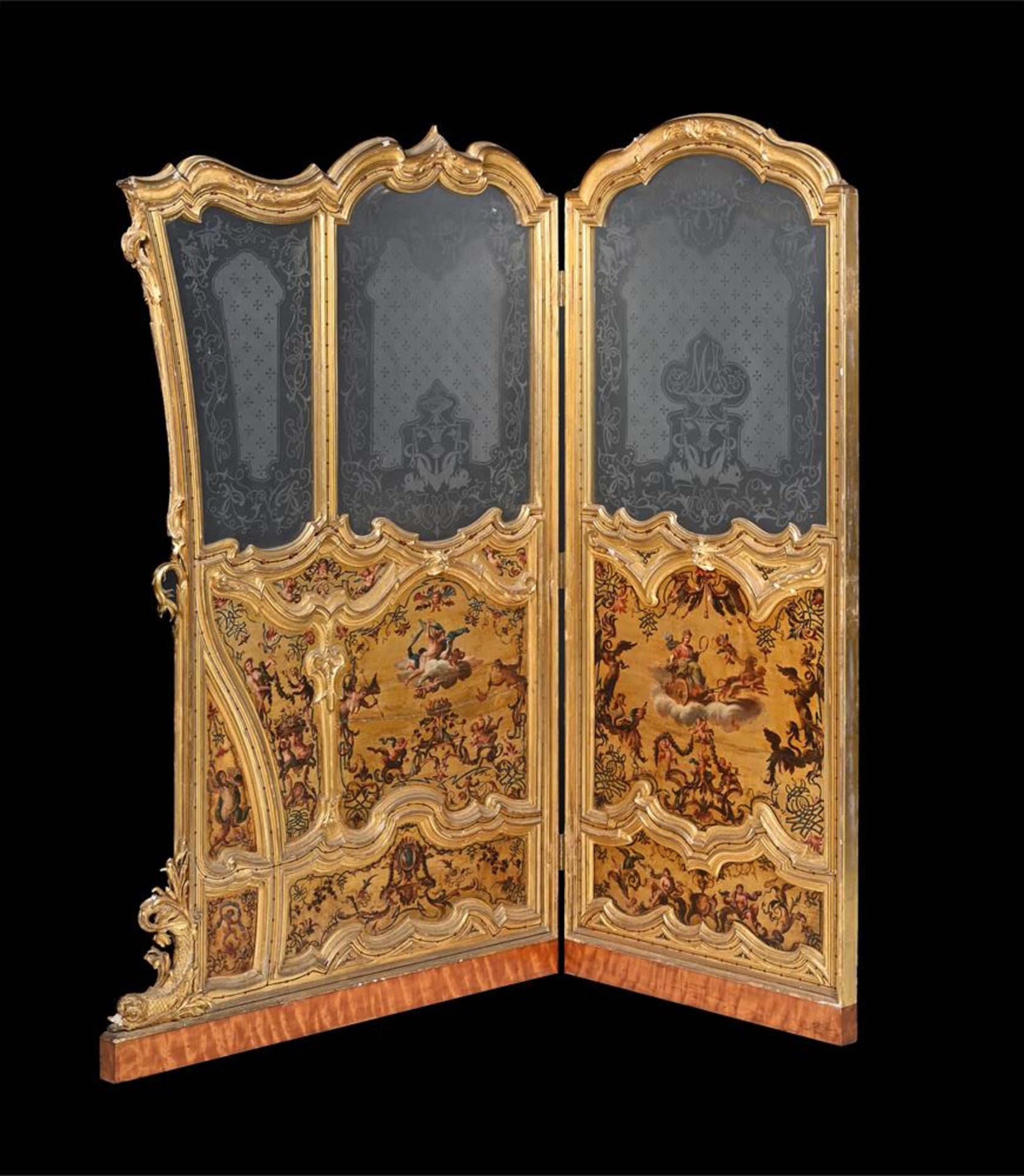 A GILTWOOD, ETCHED GLASS AND POLYCHROME PAINTED FOUR-FOLD SCREEN - Image 2 of 4