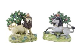 A PAIR OF STAFFORDSHIRE PEARLWARE MODELS OF ROYAL LION AND UNICORN BY WALTON