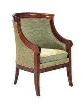 A MAHOGANY AND GREEN UPHOLSTERED TUB ARMCHAIR IN EMPIRE STYLE
