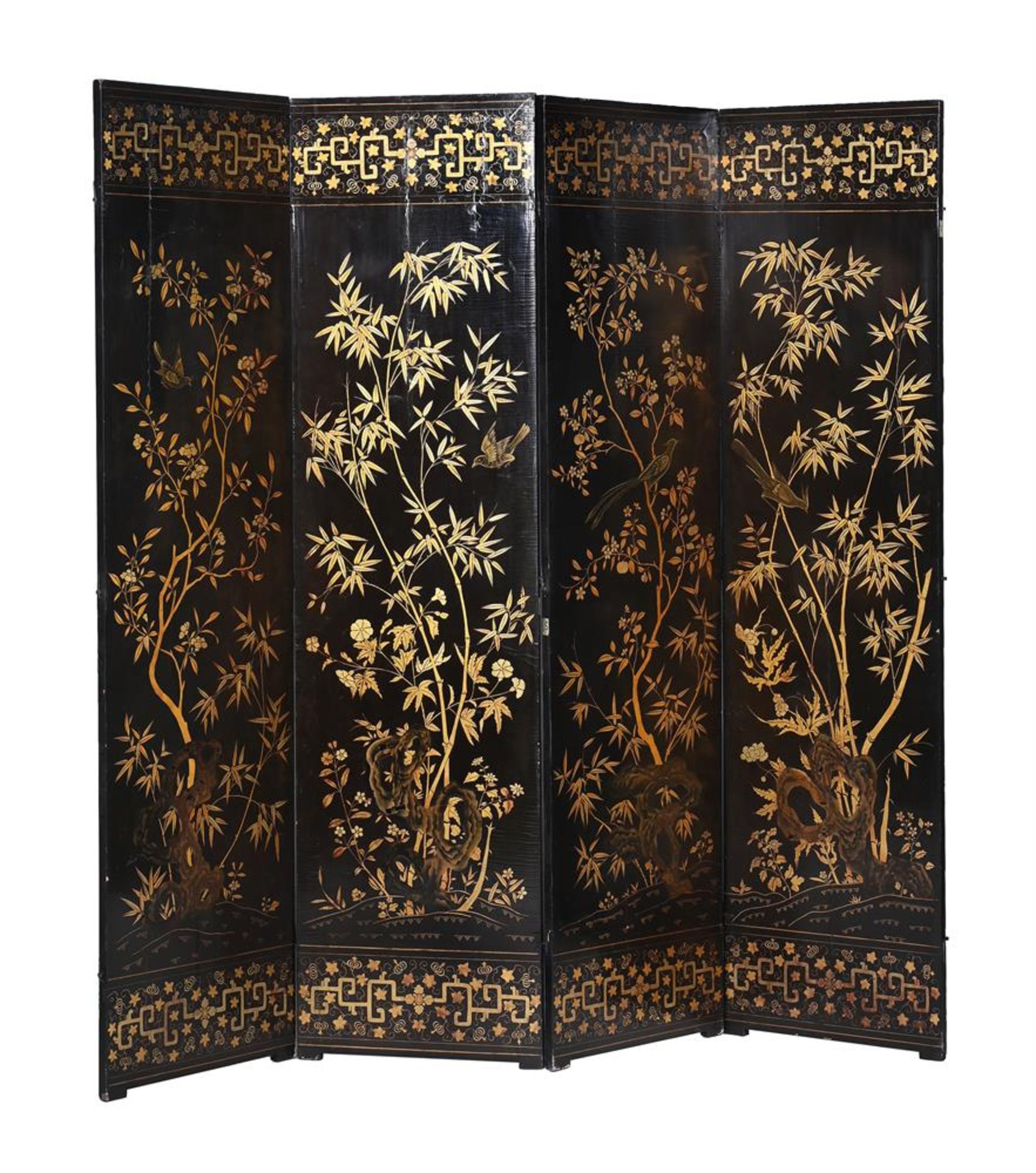 A CHINESE BLACK LACQUER AND GILT DECORATED FOUR-FOLD SCREEN