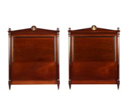 TWO FRENCH 'PLUM PUDDING' MAHOGANY, EBONY, BRASS MOUNTED AND INLAID HEADBOARDS