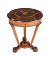 A CONTINENTAL BIRCH, BURRWOOD, AND POLYCHROME OCCASIONAL TABLE