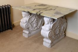 A LARGE VARIEGATED GREEN MARBLE SIDE OR CONSOLE TABLE