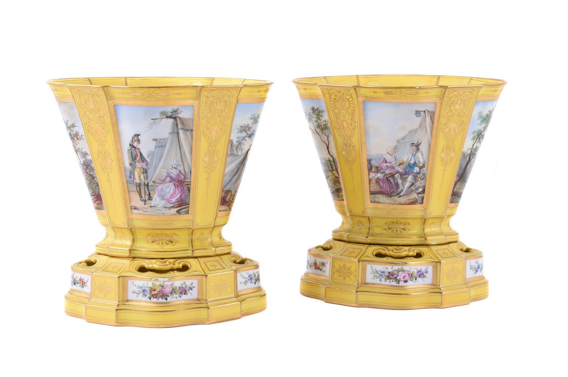 A PAIR OF FRENCH PORCELAIN YELLOW-GROUND SEVRES-STLYE VASES HOLLANDAIS