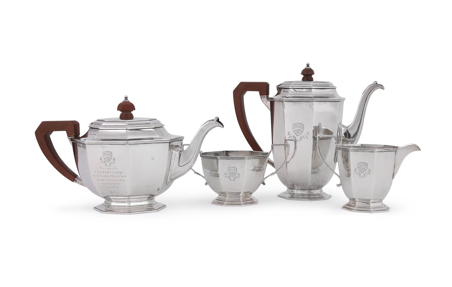 AN ART DECO SILVER FOUR PIECE OCTAGONAL TEA SET