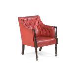 A MAHOGANY AND BUTTON LEATHERETTE UPHOLSTERED LIBRARY BERGERE ARMCHAIR, 19TH CENTURY