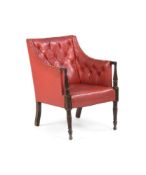 A MAHOGANY AND BUTTON LEATHERETTE UPHOLSTERED LIBRARY BERGERE ARMCHAIR, 19TH CENTURY