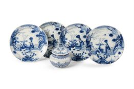 FOUR DELFT BLUE AND WHITE CHINOISERIE PLATES, 18TH CENTURY