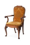 A CARVED WALNUT AND UPHOLSTERED UPEN ARMCHAIR IN GEORGE II STYLE, 20TH CENTURY