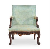A WALNUT UPHOLSTERED ARMCHAIR IN MID 18TH CENTURY STYLE, 19TH CENTURY