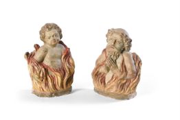 A PAIR OF FRENCH CARVED LIMESTONE AND POLYCHROME DECORATED BIBLICAL FIGURES OF 'TWO SOULS IN PURGATO