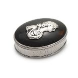 Y A GEORGE II SILVER MOUNTED TORTOISESHELL OVAL TOBACCO BOX, UNMARKED