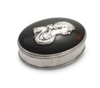 Y A GEORGE II SILVER MOUNTED TORTOISESHELL OVAL TOBACCO BOX, UNMARKED