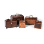 Y A GROUP OF FIVE GEORGE III TEA CADDIES, LATE 18TH CENTURY AND LATER