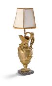 A FRENCH GILT METAL AND SERPENTINE MARBLE TABLE LAMP, CIRCA 1900