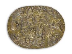 AN ANGLO-DUTCH BRASS RELIEF SIDEBOARD OR PARADE DISH, POSSIBLY 17TH CENTURY
