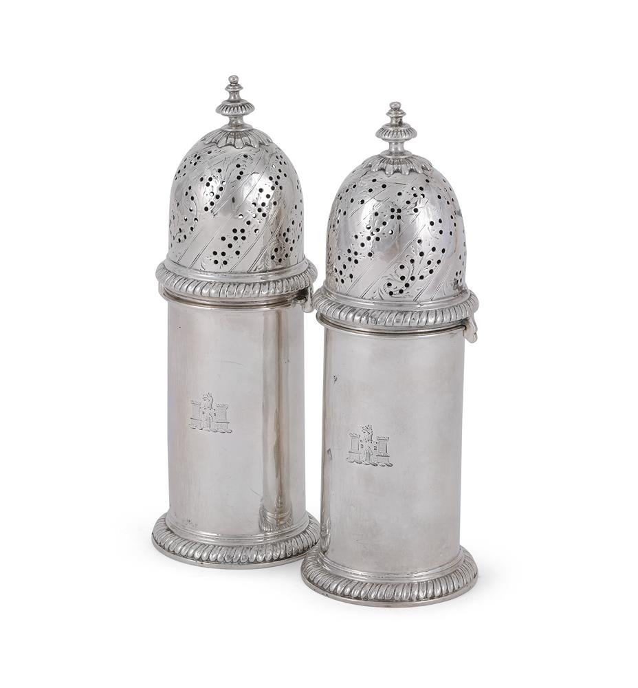 A PAIR OF GEORGE III SILVER LIGHTHOUSE SUGAR CASTERS, SEBASTIAN AND JAMES CRESPELL, LONDON 1762