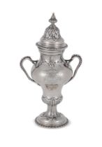 A GEORGE III SILVER SUGAR CASTER MAKER'S MARK LH (NOT TRACED), LONDON 1765