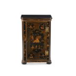 A BLACK LACQUER AND GILT CHINOISERIE SIDE CABINET, 20TH CENTURY AND EARLIER ELEMENTS