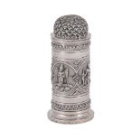 AN INDIAN SILVER CYLINDRICAL CASTER, UNMARKED, CIRCA 1920