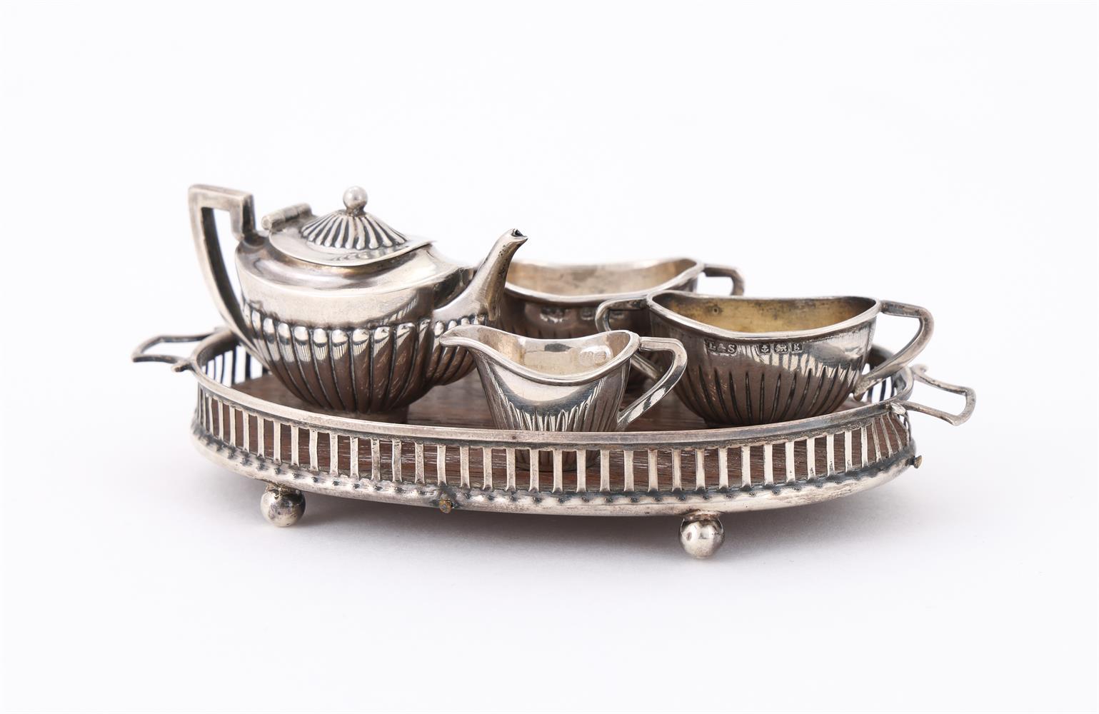 AN EDWARDIAN SILVER MINIATURE FOUR PIECE TEA SET AND TRAY - Image 2 of 3