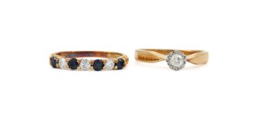 A SAPPHIRE AND DIAMOND SEVEN STONE RING AND AN ILLUSION SET DIAMOND RING